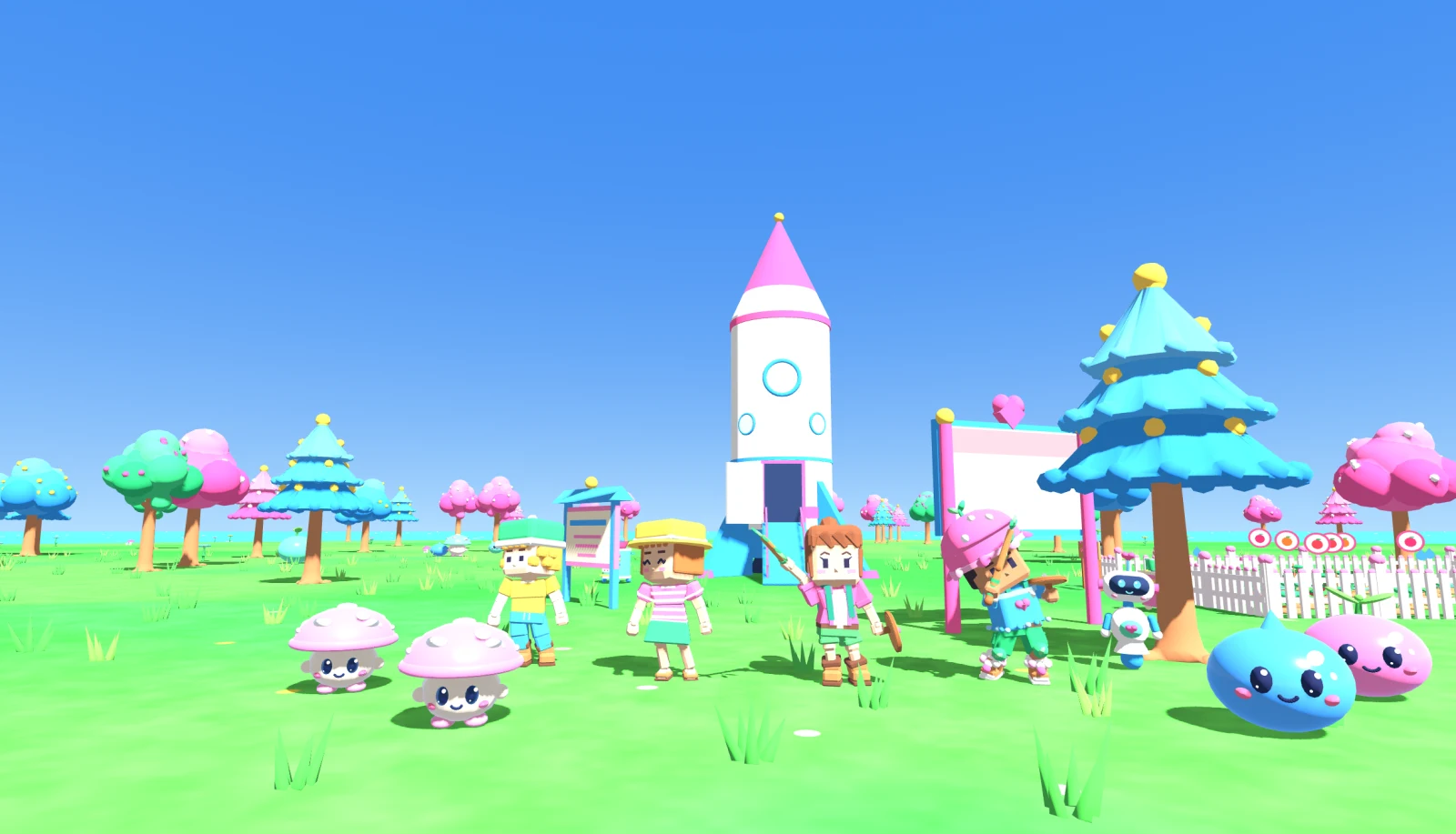Terafom characters, friendly robots and colorful creatures beside the rocket on the main island